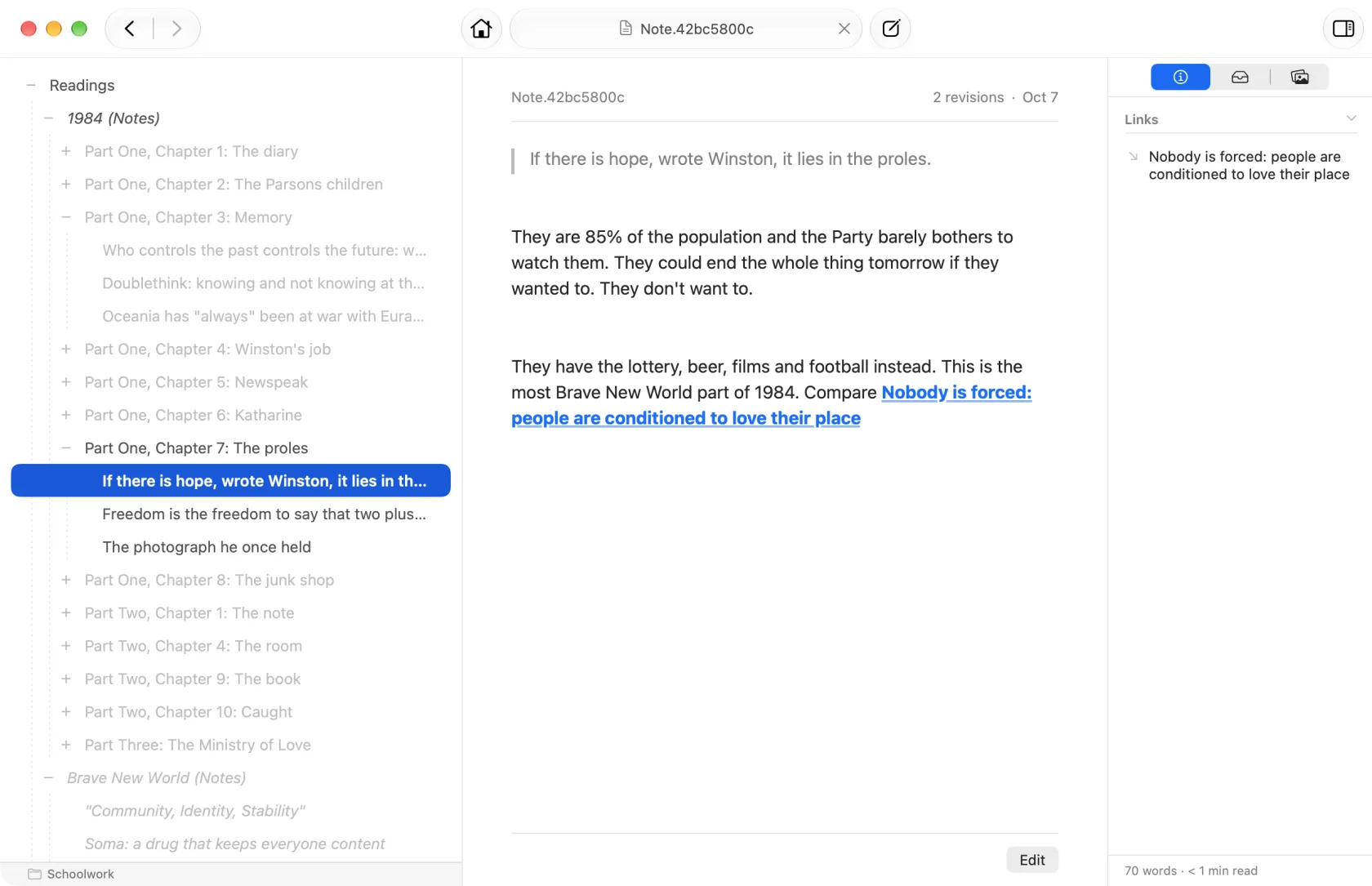 Reading notes filed chapter by chapter, with one note linking to a related note from another book.