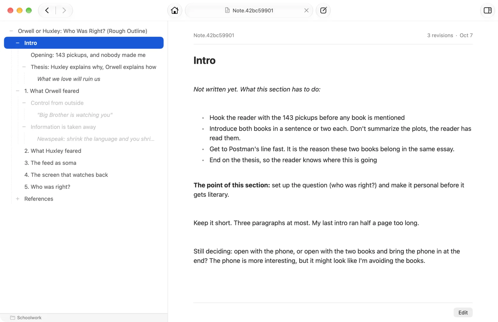 An essay outline in the sidebar, with notes on what the introduction has to do.
